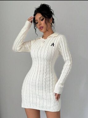 SHEIN Cream Cable-Knit Polo Sweater Dress